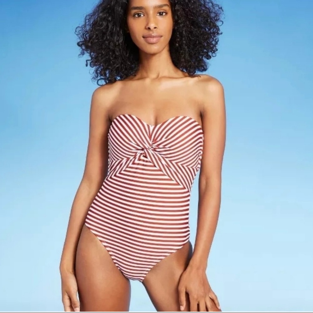 Kona Sol Twist Bandeau Striped One Piece Swimsuit